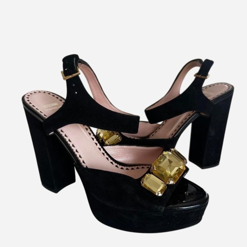 Moschino Cheap and Chic Black Suede Jewel Platform Sandals Block Heel Size 40